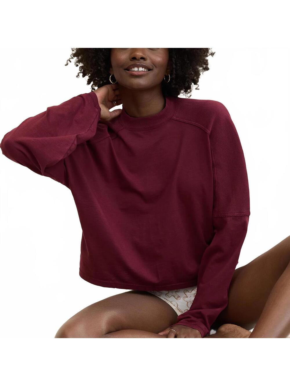 AE Aerie Cozy Mock-Neck T-Shirt American Eagle NWT Deep Cherry XL